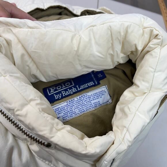 VTG Polo by Ralph Lauren Ivory tan hooded puffer jacket down feather Men's XL - Picture 12 of 16